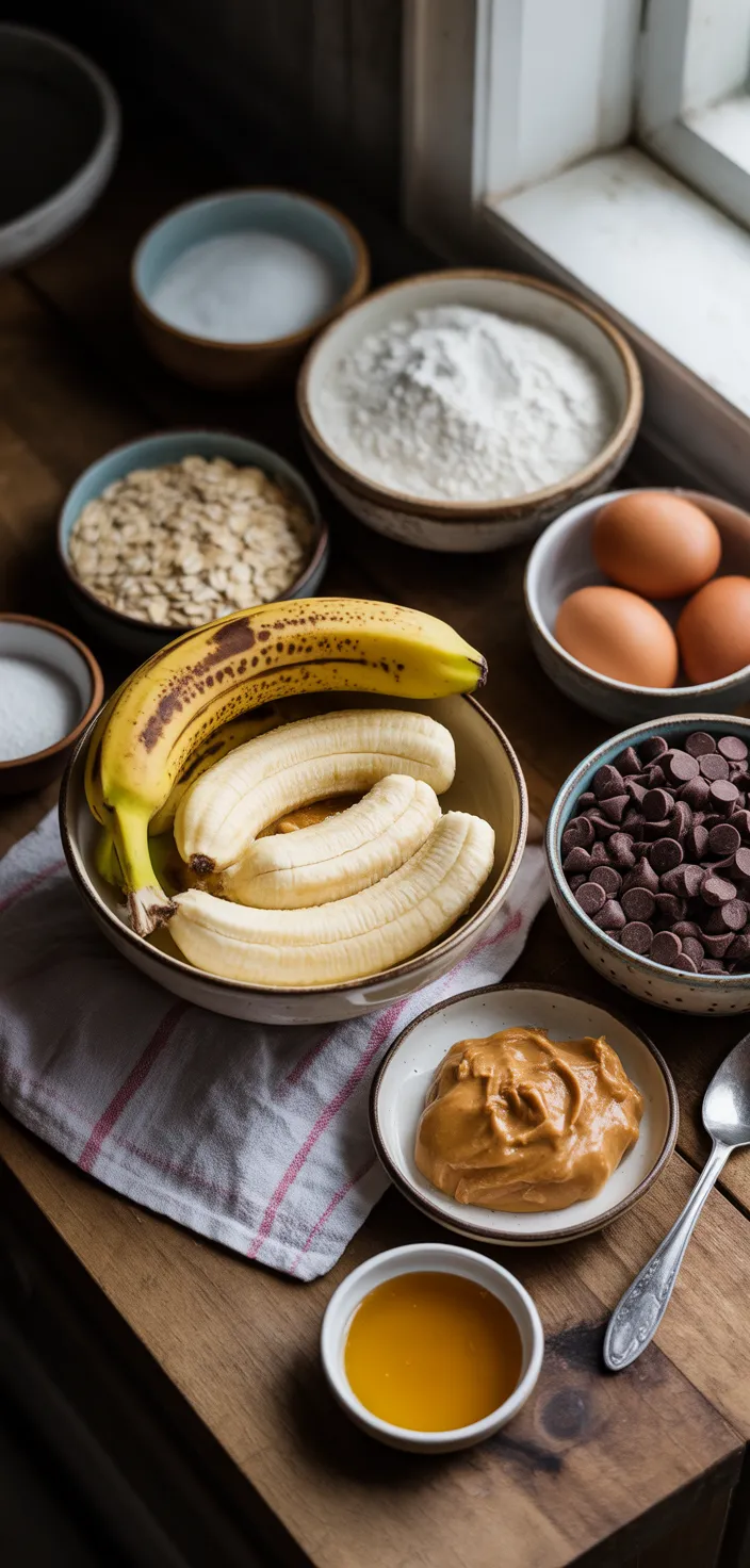 Ingredients photo for Peanut Butter Oatmeal Chocolate Chip Banana Bread Bars Recipe
