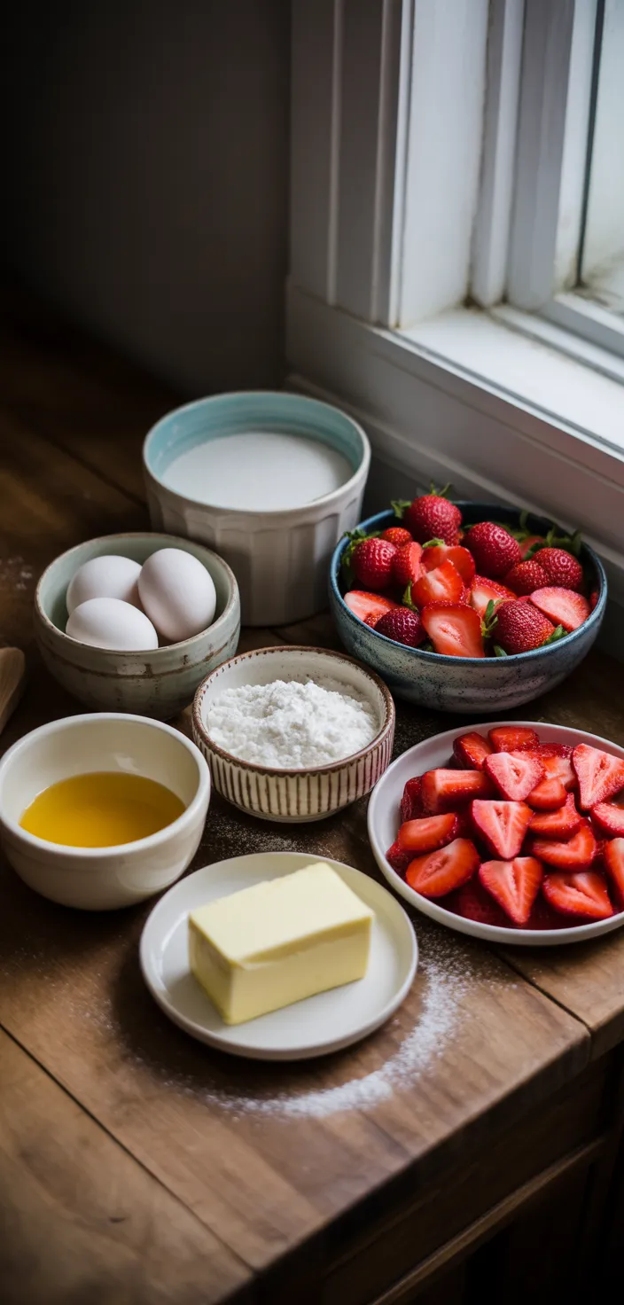 Ingredients photo for Strawberry Shortcake Layer Cake (Sponge Cake) Recipe