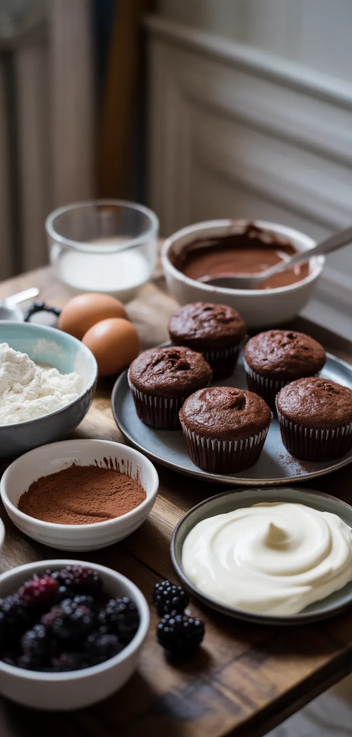 Ingredients photo for Dark Chocolate Cupcakes With Whipped Blackberry Mascarpone Filling Recipe