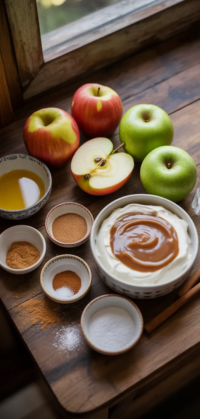 Ingredients photo for Apple Fries With Caramel Cream Dip Recipe