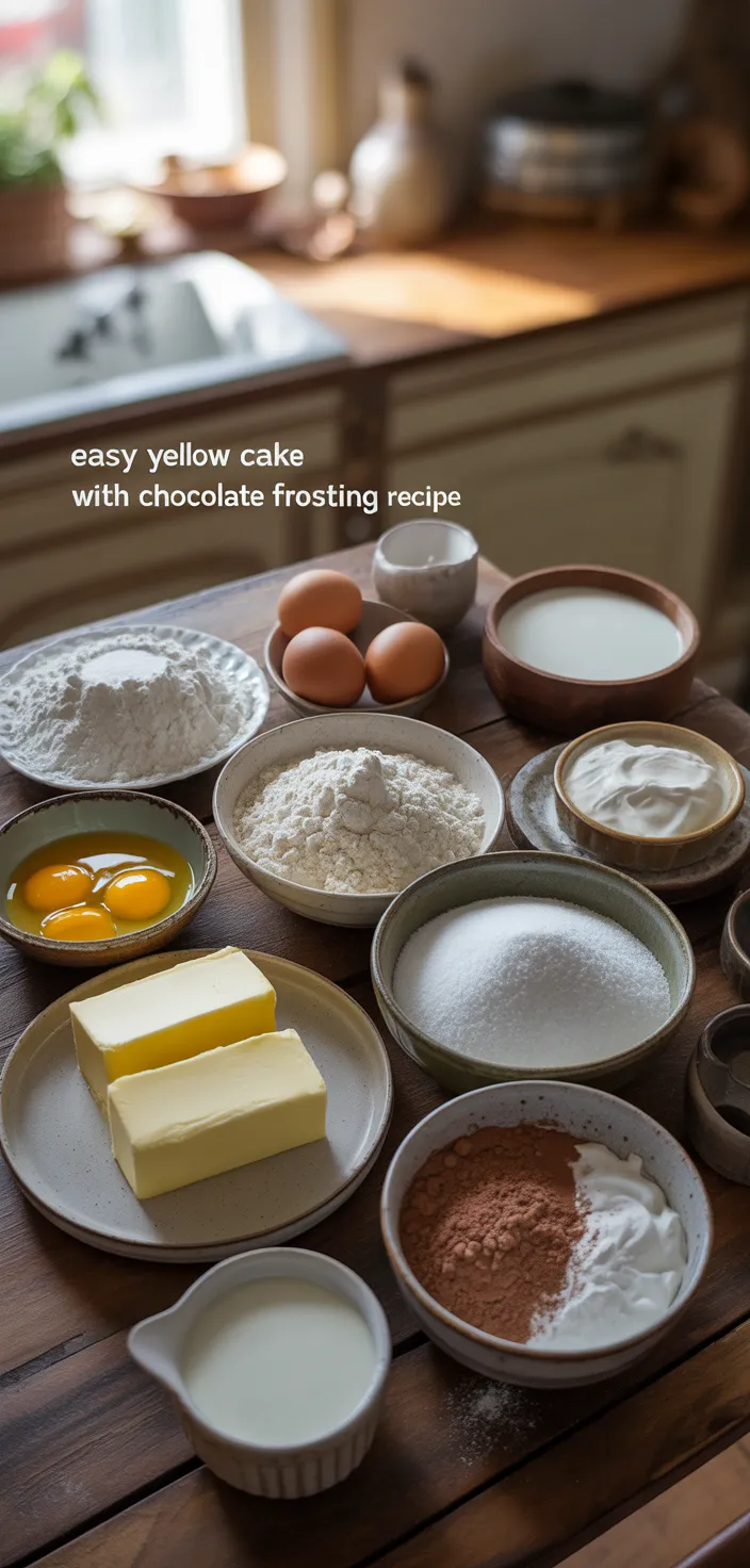 Ingredients photo for Easy Yellow Cake With Chocolate Frosting Recipe